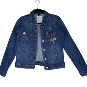 J. Crew Jean Jacket Medium Wash Trucker Upcycled Bee and sunflower Size XS Artsy